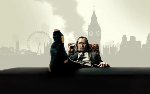 Slow Horses 4K Ultra HD PC desktop wallpaper: a disheveled man in a suit lounges with a foot on a desk, foggy London skyline (Big Ben, London Eye) silhouetted behind him.