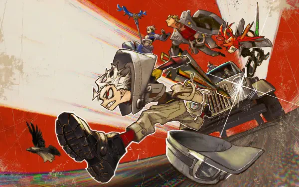Gachiakuta: stylized character leaping with mech sidekicks and a crow across bold red-white rays — 4K Ultra HD PC desktop wallpaper and background.