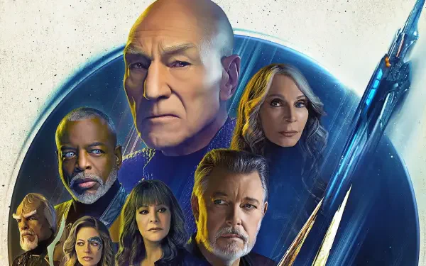 Star Trek: Picard HD PC desktop wallpaper showing the crew clustered before a starship and starry cosmic backdrop, lit with dramatic highlights and cool blue tones.