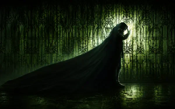 Avengers: Doomsday 4K Ultra HD PC desktop wallpaper — cloaked antagonist silhouetted against a glowing green, circuit-like wall, cape trailing across a reflective floor.