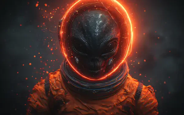 Digital art 2K Quad HD PC desktop wallpaper of The Grey: a dark alien in a space suit with a glowing orange halo and drifting embers.