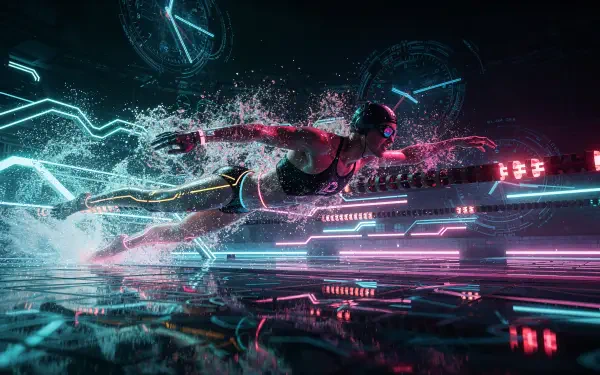 4K Ultra HD PC desktop wallpaper: sprint swimmer athlete powering through neon-lit water, motion trails and futuristic digital light streaks.
