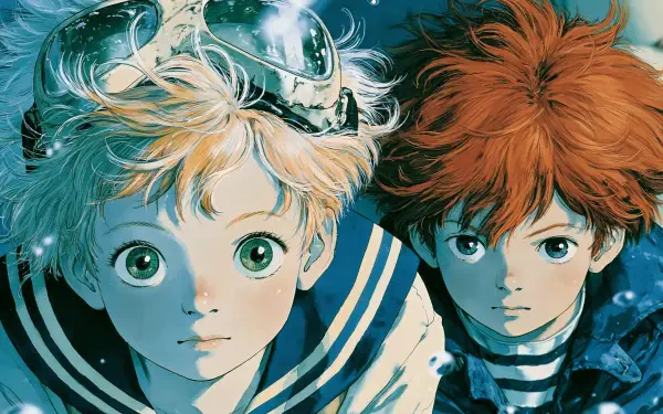 Anime manga 2K Quad HD PC desktop wallpaper of two boys—blonde with goggles and a sailor collar and a red-haired boy in a striped shirt—against a deep, watery blue background.