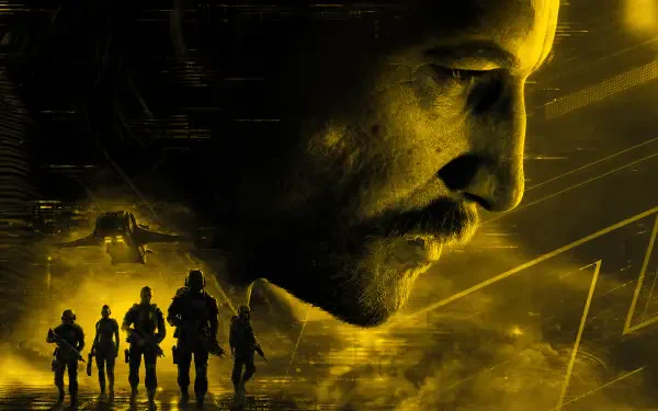 Star Wars: Zero Company video game 4K Ultra HD PC desktop wallpaper showing a close-up profile of a male soldier with five silhouetted soldiers and a ship against a yellow techno-war backdrop.