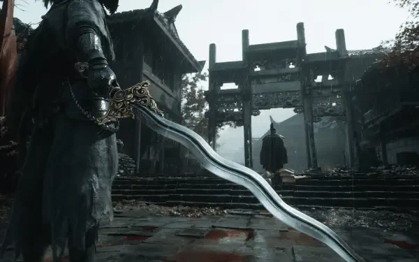 HD PC desktop wallpaper: Phantom Blade Zero video game scene — cloaked swordsman grips a curved sword in rain before a temple gate, moody high-definition background