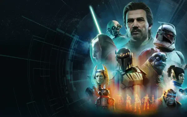 4K Ultra HD PC desktop wallpaper for Star Wars: Zero Company — ensemble of human and alien warriors, armored troopers and glowing lightsabers against a starfield sci‑fi backdrop.