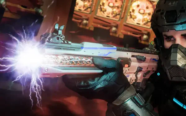 HD PC desktop wallpaper from the video game Call of Duty: Black Ops 7: masked soldier aims a futuristic gun firing blue electrical energy.