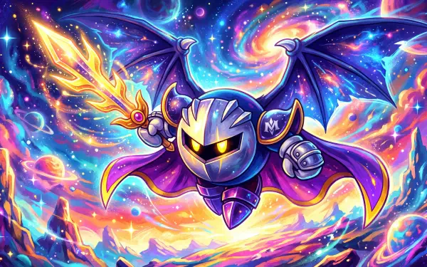 Meta Knight soars with glowing sword and outstretched bat-like wings amid a swirling, vibrant cosmic nebula — 5K Ultra HD PC desktop wallpaper/background.