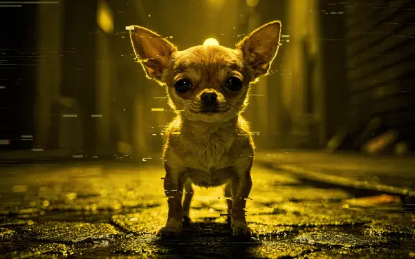 Chihuahua standing on a wet cobblestone street at night, dramatic golden backlighting and reflections — 4K Ultra HD PC desktop wallpaper/background.