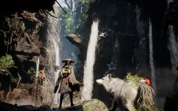 4K Ultra HD PC wallpaper from the video game Beast of Reincarnation: a cloaked traveler and a mountain goat stand before towering waterfalls in a misty mountain gorge.