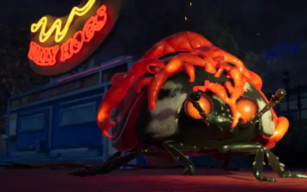 4K Ultra HD PC desktop wallpaper from the video game Grounded 2: a giant, glossy ladybug insect with glowing orange shell crawling across a dim suburban street at night.