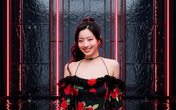 Smiling K-pop idol and actress in a floral off-shoulder dress against glossy black tiles with red neon bars — 5K Ultra HD PC desktop wallpaper