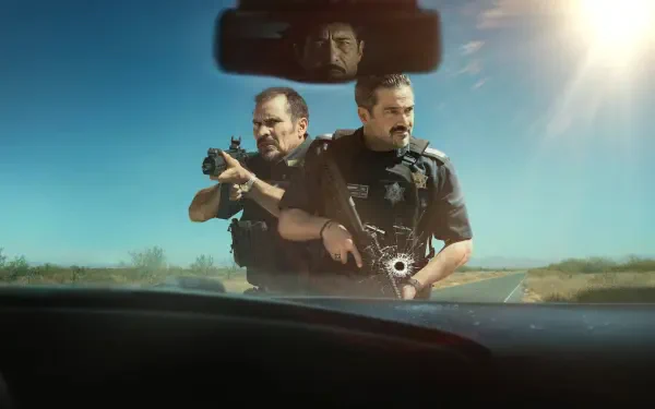 2K Quad HD PC desktop wallpaper titled Facing El Chapo: two armed officers aiming weapons over a car dashboard under a bright, sunlit sky.