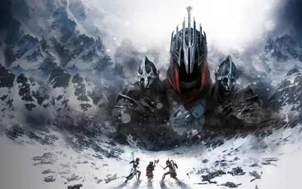 4K Ultra HD PC Desktop Wallpaper and Background: The Lord of the Rings: War in the North — a towering armored dark lord looms over a snowy mountain pass as three warriors advance.