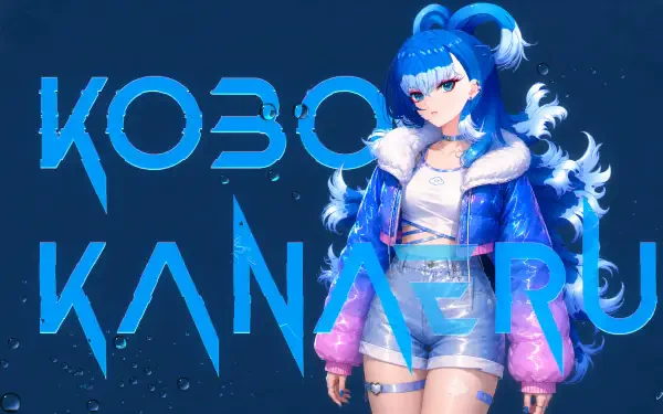 4K Ultra HD PC wallpaper of hololive VTuber Kobo Kanaeru: blue-haired anime girl in blue-pink jacket and shorts against a dark starry background with her name in bold.