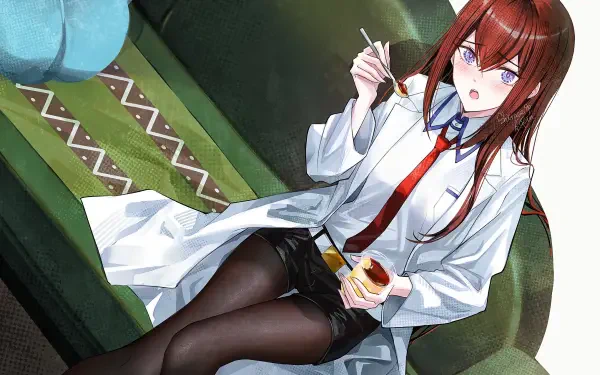 HD anime desktop wallpaper of Kurisu Makise (Steins;Gate) in a lab coat and red tie, seated on a green couch with black stockings, holding a spoon and dessert, surprised expression.