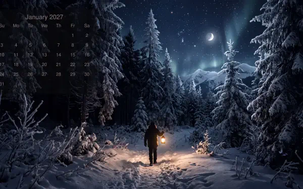 January 2027 calendar on a 5K Ultra HD PC desktop wallpaper: snowy winter forest at night, crescent moon and stars, a lone figure holding a lantern on a snow-covered path.