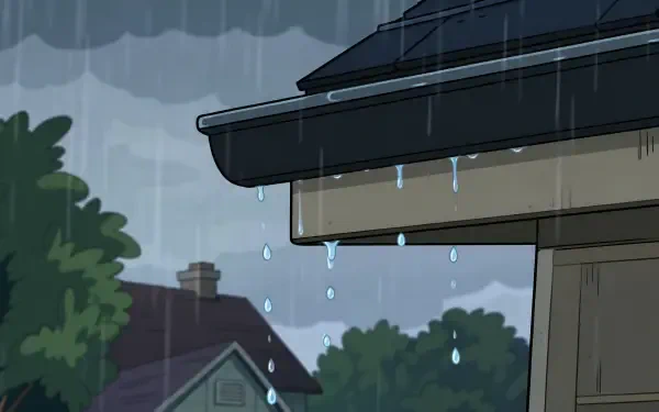 4K Ultra HD PC desktop wallpaper: close-up of raindrops falling from a house roof and eaves, rainy neighborhood with blurred houses and trees beyond.