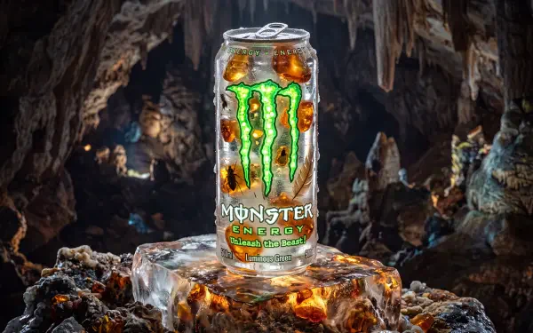 5K Ultra HD PC desktop wallpaper: Monster Energy drink can with glowing green claw logo on a crystalline rock in a dark cavern.