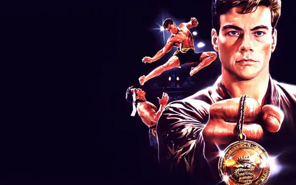 Bloodsport (DC Comics) 4K Ultra HD PC desktop wallpaper: Bloodsport thrusts a medallion toward the viewer, with multiple action poses behind him against a dark, shadowed background.