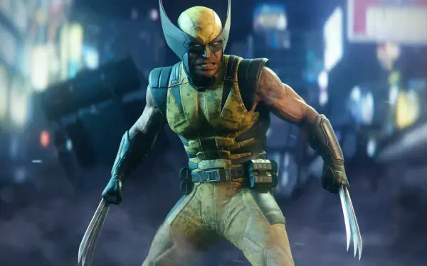 Superhero Wolverine from Marvel's Wolverine video game in X‑Men yellow suit, claws extended against a rainy neon cityscape — 2K Quad HD PC desktop wallpaper and background.