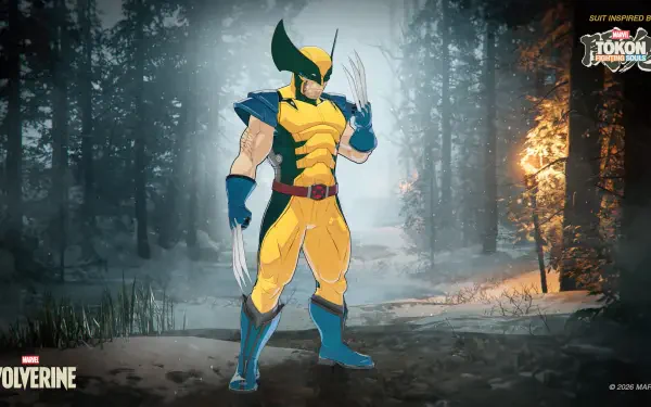 HD PC desktop wallpaper of Marvel's Wolverine (X‑Men video game): yellow-and-blue superhero stance with claws extended in a misty forest.