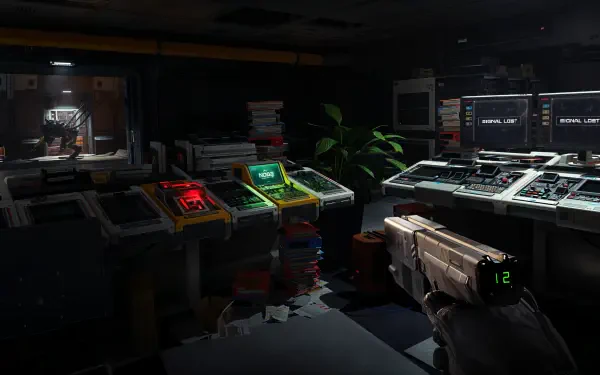4K Ultra HD PC desktop wallpaper of a video game control room from Alien Deathstorm: glowing monitors and consoles, colored indicator lights, and a first-person view of a gun.