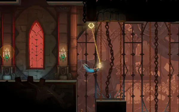 HD PC desktop wallpaper from the video game Castlevania: Belmont's Curse — Belmont swings on a chain through a torchlit castle interior.
