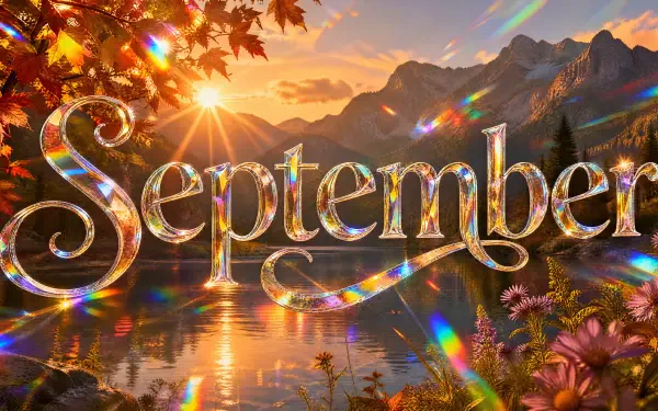 4K Ultra HD PC desktop wallpaper: ornate prismatic September over a golden autumn lakeside with sunburst, mountains, fall leaves and wildflowers.