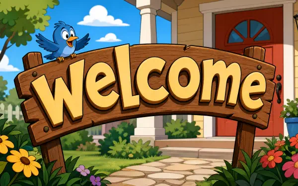 4K Ultra HD PC desktop wallpaper and background: cheerful garden with wooden WELCOME sign, blue bird perched atop, flowers and stone path leading to a house.