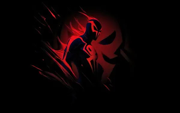 Dark digital art of Spider-Man 2099 silhouette in red and black, dynamic streaks and glowing emblem — 4K Ultra HD PC desktop wallpaper/background.
