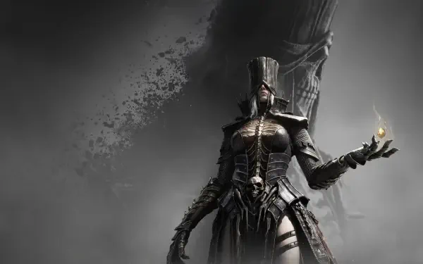Mortal Shell II video game 4K Ultra HD PC desktop wallpaper: a tall, helmeted, gothic-armored warrior holds a small flame amid a smoky gray, ominous background.
