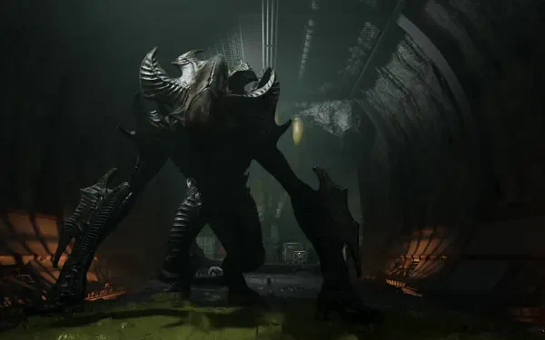 4K Ultra HD PC desktop wallpaper: video game Aliens: Fireteam Elite 2 monster — a towering dragon-like alien in a dark industrial cavern, backlit by eerie green light.