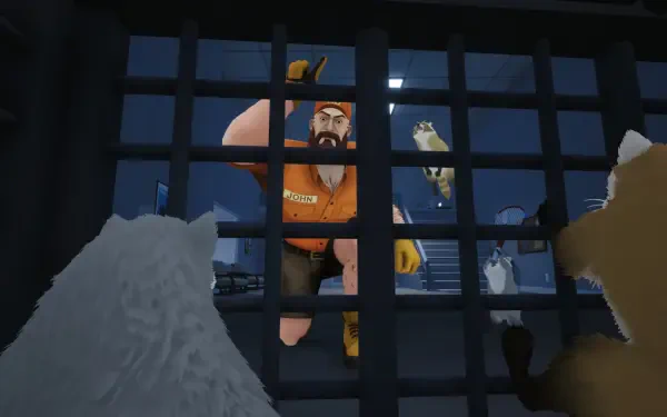 4K Ultra HD PC wallpaper from a video game: Dumpster Gang prisoner — a bearded man in orange behind jail bars watched by two dogs through a cell grate.