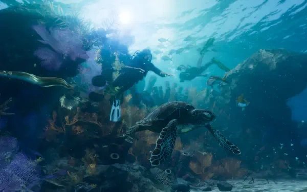 4K Ultra HD PC desktop wallpaper: Grand Theft Auto VI video game scene of divers swimming with a sea turtle underwater.