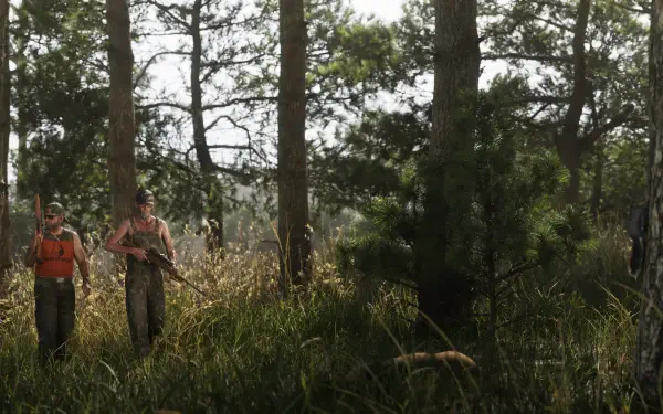 Grand Theft Auto VI video game scene: two characters walking through a dense sunlit forest — 4K Ultra HD PC desktop wallpaper/background.