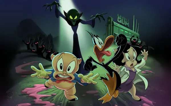 HD PC desktop wallpaper from The Day the Earth Blew Up: A Looney Tunes Movie—Looney Tunes characters flee glowing pink slime as a menacing shadowy alien looms under a moonlit sky.