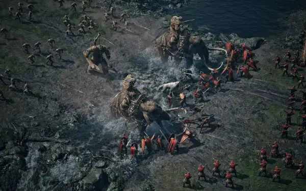 4K Ultra HD PC desktop background: Game of Thrones: War for Westeros video game battle with armies clashing and giant monsters on a stormy shoreline.