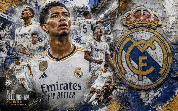 4K Ultra HD PC desktop wallpaper of a Real Madrid soccer player in white kit amid dynamic action shots and a prominent club crest.