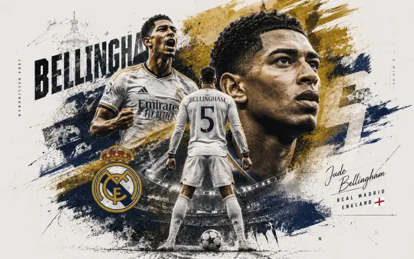 4K Ultra HD soccer wallpaper of a Real Madrid C.F. player shown in multiple action portraits, club crest, textured gold-blue brushstrokes and a central back view standing over a football.