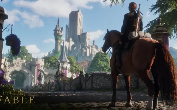 HD PC desktop wallpaper from Fable (2027): a knight on horseback overlooking a sunlit, fairy-tale castle and bustling village set in lush, detailed fantasy scenery.