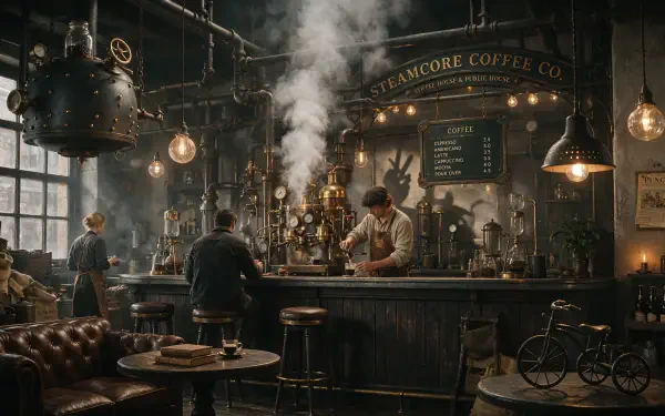 4K Ultra HD PC desktop wallpaper: vintage coffee shop interior cafe — barista pulls coffee on a steam-driven machine amid warm lamps and seated patrons.