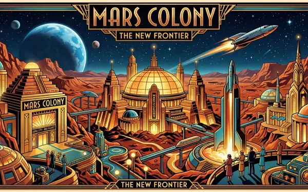 5K Ultra HD PC desktop wallpaper of a bustling Mars colony: domed habitats, towers and launch pads on red rock, a spaceship streaking across a starry sky with a blue planet.