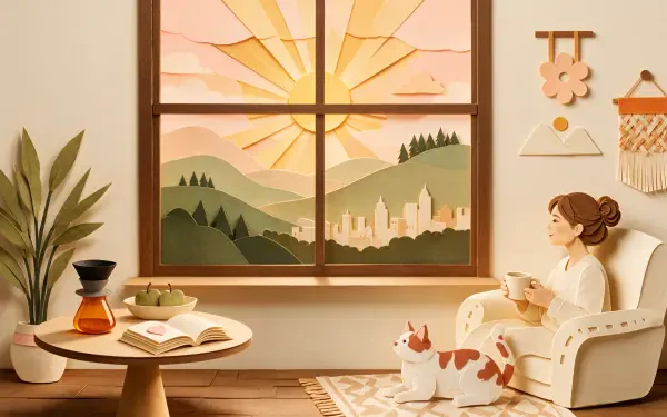 Cozy morning scene with a woman and her cat seated by a sunlit window overlooking hills and a town — 4K Ultra HD PC desktop wallpaper/background.