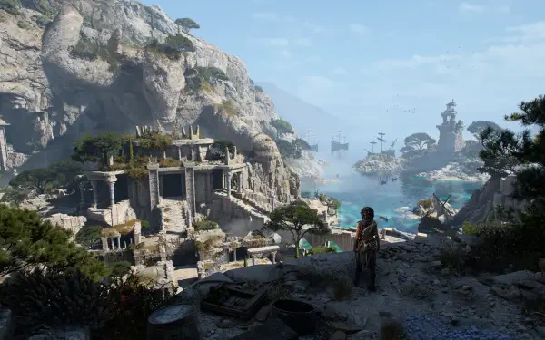 HD PC desktop wallpaper from the video game Resonance: A Plague Tale Legacy — a lone figure stands on a cliff overlooking sunlit coastal ruins and a lush gaming environment.