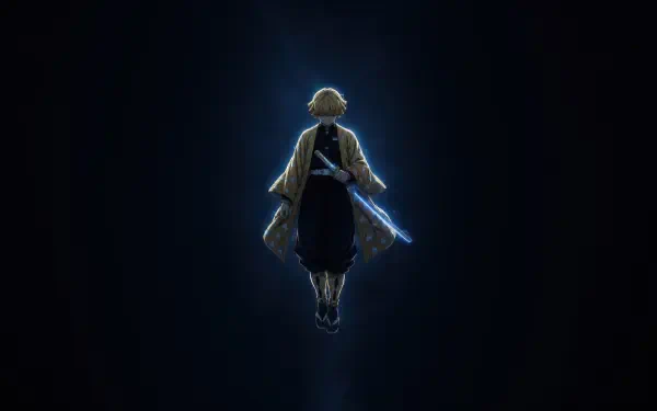 5K Ultra HD PC desktop wallpaper/background: Zenitsu Agatsuma (anime) floating with a glowing sword in a dark void, rimmed by a soft halo of light.