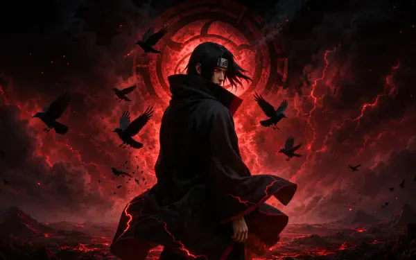 Ryomen anime character in a dark cloak stands against a swirling red storm with circling crows, dramatic 4K Ultra HD PC desktop wallpaper background.