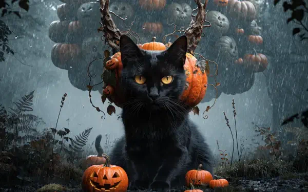 Black Halloween cat with glowing amber eyes among carved pumpkins and a foggy forest, eerie wreath behind — 2K Quad HD PC desktop wallpaper/background.