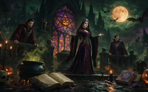 2K Quad HD PC desktop wallpaper/background: Halloween gothic scene — a witch by a moonlit cauldron, open spellbook, stained-glass window and shadowy robed figures.