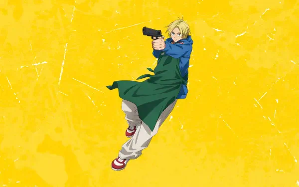 Sakamoto Days 4K Ultra HD PC desktop wallpaper: Sakamoto in a green apron and blue jacket aims a handgun against a textured bright yellow background.